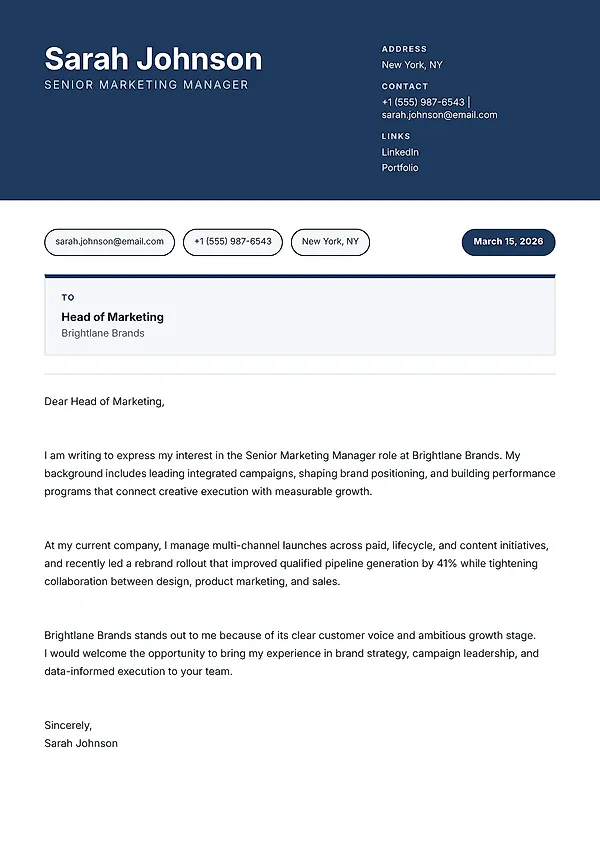 Marlowe cover letter template with modern executive hierarchy and polished spacing.