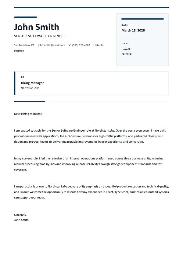 Northstar cover letter template with professional modern formatting and clear readability.