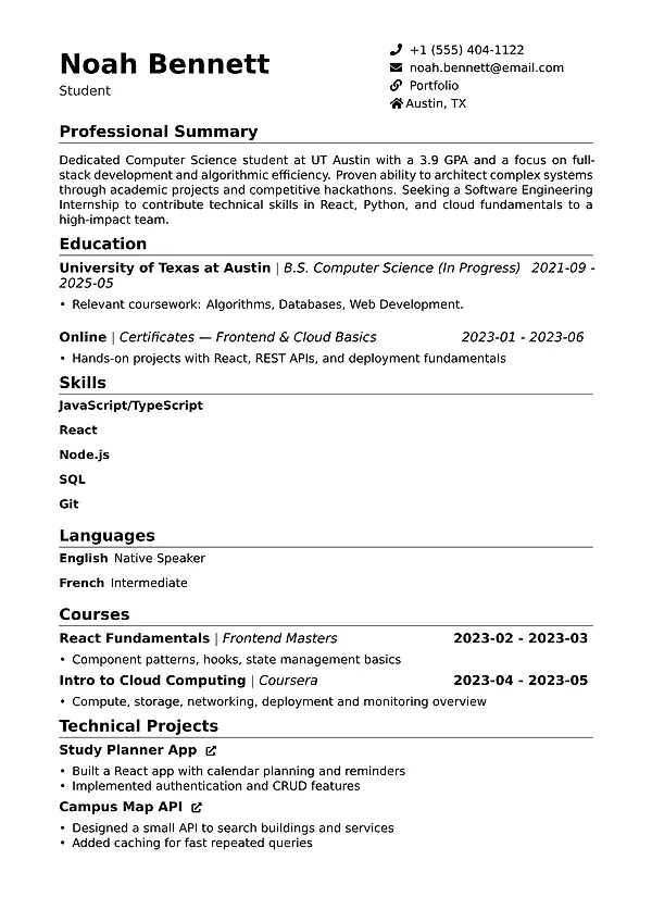 Classic resume template with a clean single-column layout, structured sections, and ATS-friendly formatting.