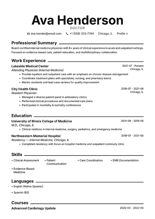 Metroline resume template with a centered header, ruled section titles, and a technical one-column structure.