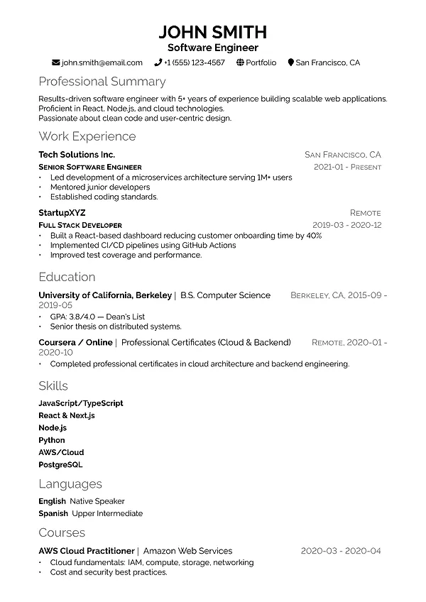 Modern resume template with a polished contact header, clean hierarchy, and professional spacing.