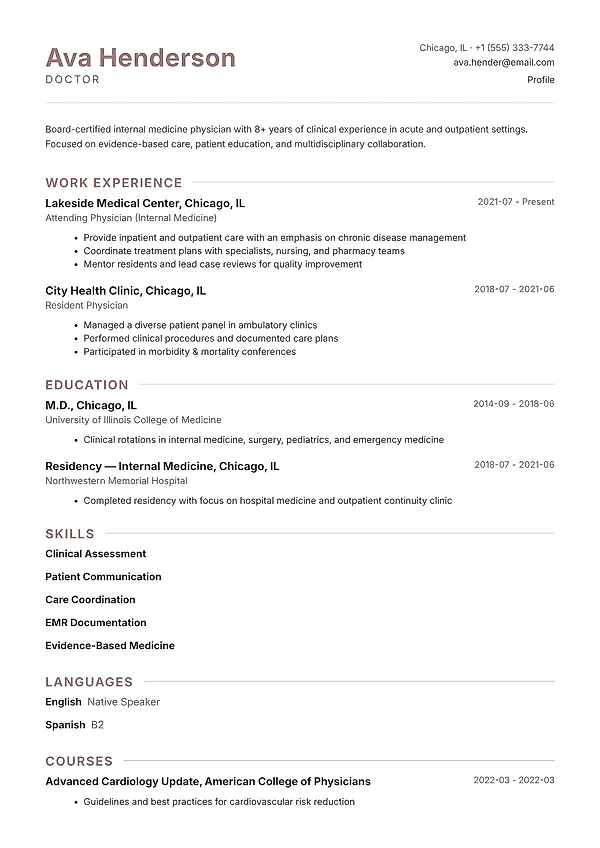 Pemberton resume template with a clean single-column layout, subtle accent color, and formal section hierarchy.