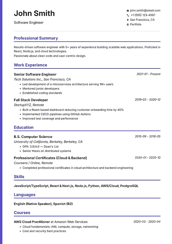 Sidebar resume template with a dedicated side panel for contact details, skills, and supporting information.