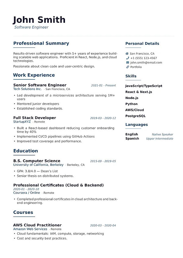 Spain resume template with a clean two-column layout, modern hierarchy, and creative professional styling.