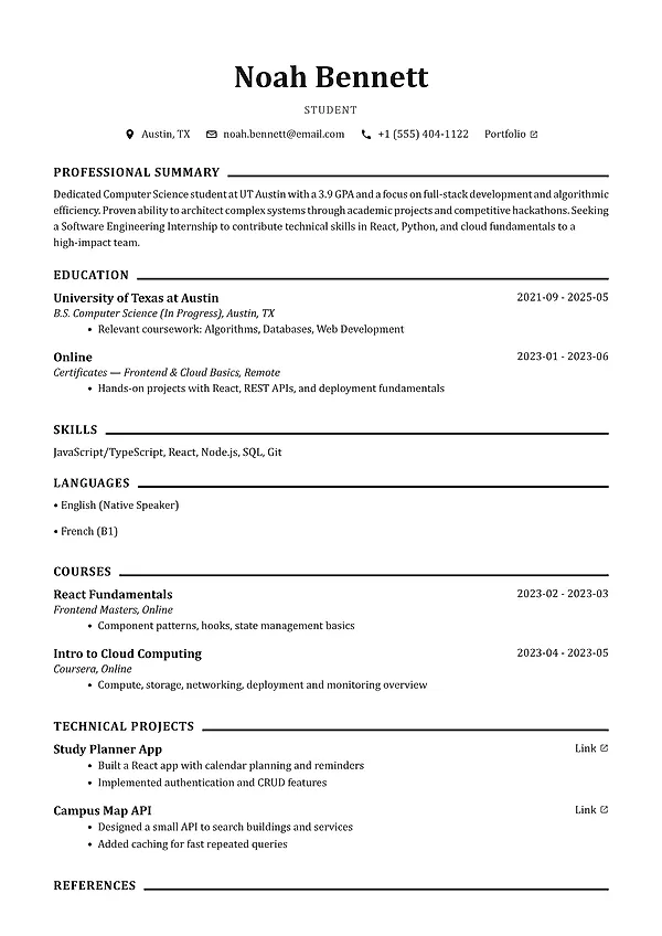 Sterling resume template with a refined serif header, centered contact details, and classic ruled sections.