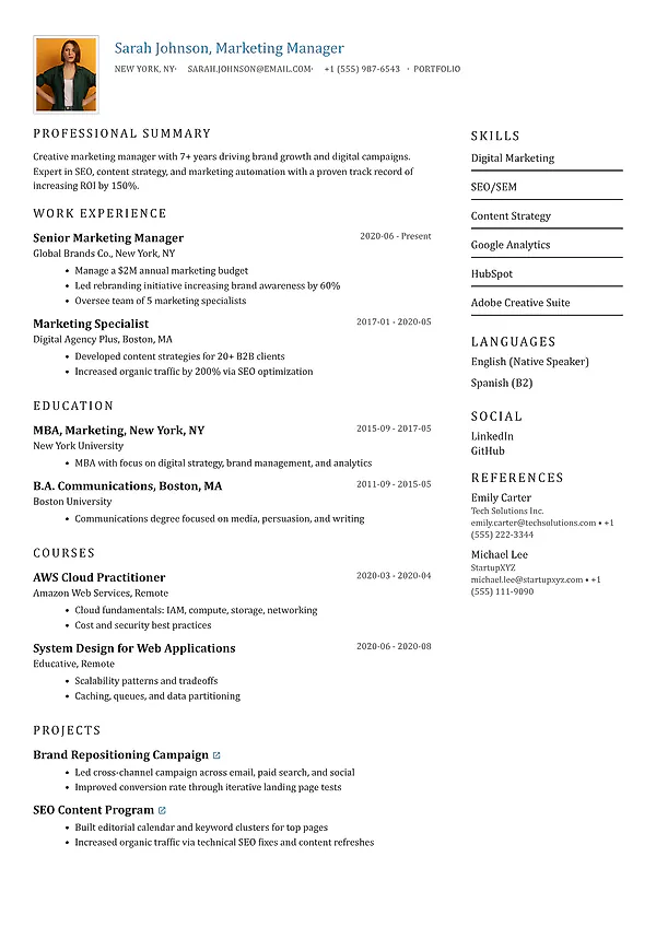 Stonebridge resume template with a classic serif style, top profile area, and right-column skills panel.