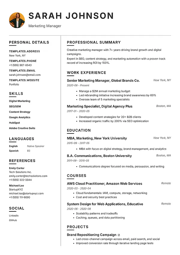 Taylor resume template with balanced sections, modern typography, and a clean two-column layout.
