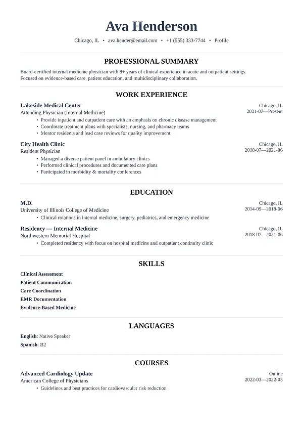 Whitmore resume template with a centered serif masthead, fine dividers, and a polished one-column layout.